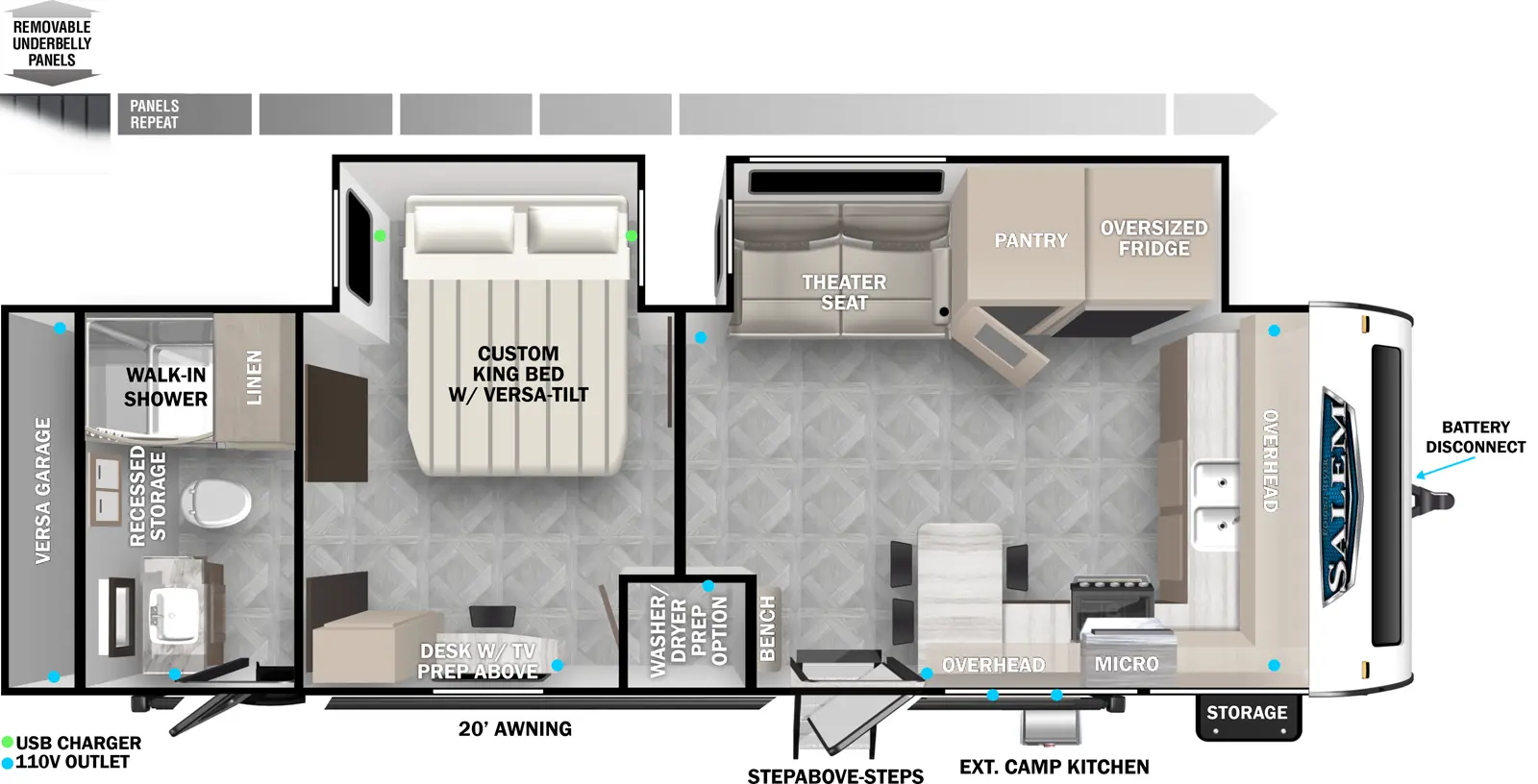 The 28FKG has two slideouts and two entry doors. Exterior features a 20 foot awning, battery disconnect, StepAbove main entry steps, exterior camp kitchen, storage, rear Versa garage, and removable underbelly panels. Interior layout front to back: kitchen counter with sink and overhead cabinet wraps to door side with microwave, cooktop, and peninsula bar top with stools, entry door, and bench; off-door side slideout with oversized refrigerator, pantry, and theater seat; mid bedroom with off-door side slideout with custom king bed with versa-tilt, door side desk with TV prep above, and closet with washer/dryer prep optional; rear full bathroom with walk-in shower, recessed storage, and second entry door.